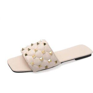 Coonek Studded Sandals for Women Flat Open Square Toe Slides Casual Summer
